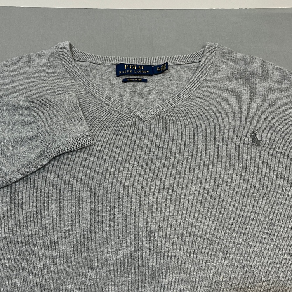 Polo Ralph Lauren V-Neck Sweater Mens XL Grey Pima Cotton Pony Logo
